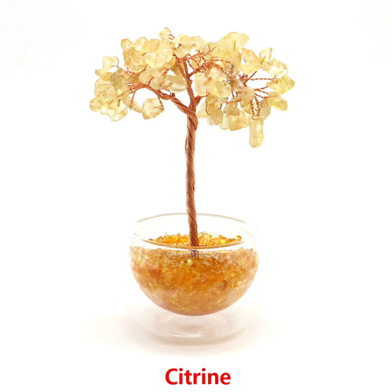 Crystal Money Tree, Glass Potted Plant with Natural Citrine, Amethyst & Chakra Quartz, Feng Shui Home Office Decor