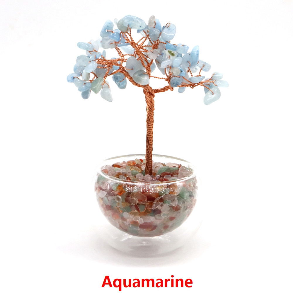 Crystal Money Tree, Glass Potted Plant with Natural Citrine, Amethyst & Chakra Quartz, Feng Shui Home Office Decor