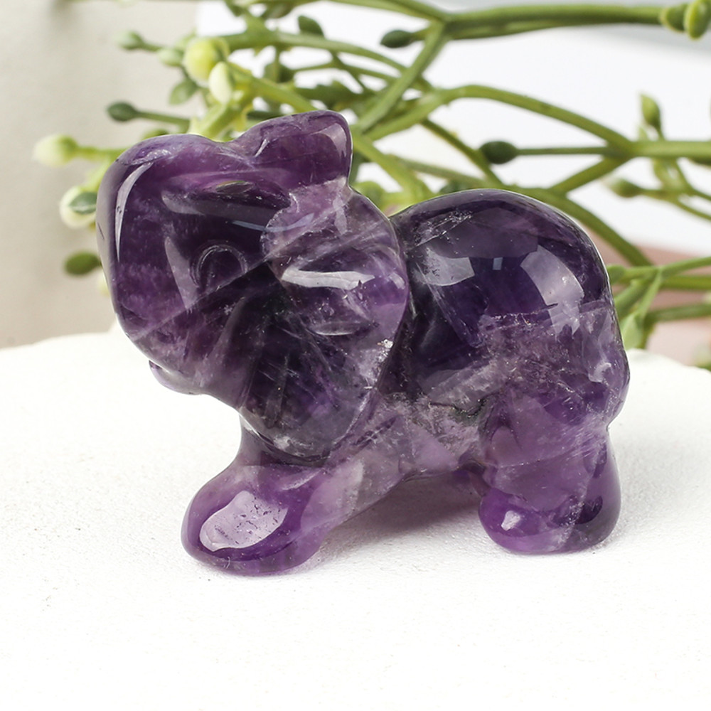 Hand Carved Gemstone Elephant Figurine – Natural Stone Amethyst Mini Animal Statue for Crystal Craft, Chakra Meditation