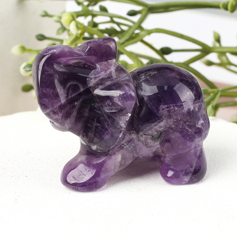 Hand Carved Gemstone Elephant Figurine – Natural Stone Amethyst Mini Animal Statue for Crystal Craft, Chakra Meditation