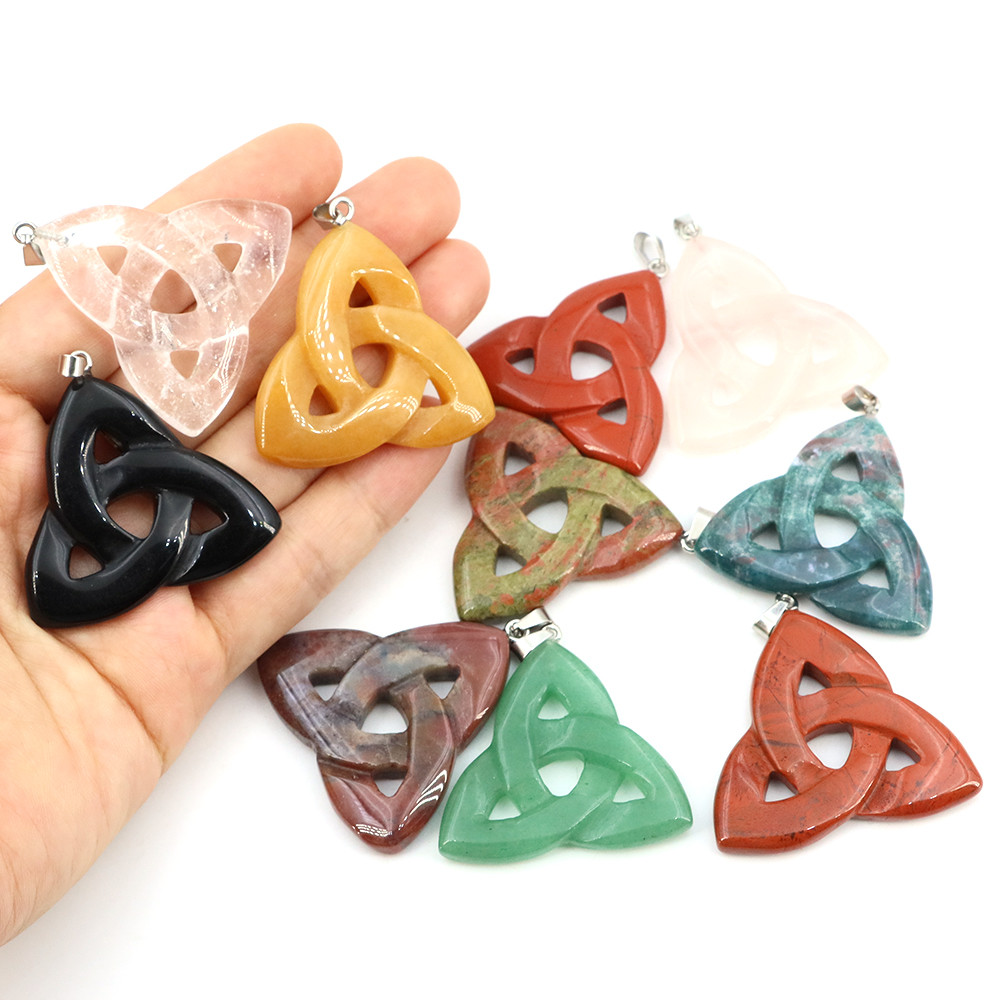 Natural Stone Irish Celtic Knot Pendant, Reiki Healing Crystal, Triangle Flower Amulet for DIY Jewelry Making Necklace