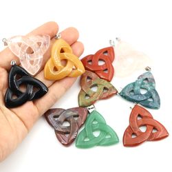 natural stone irish celtic knot pendant, reiki healing crystal, triangle flower amulet for diy jewelry making necklace