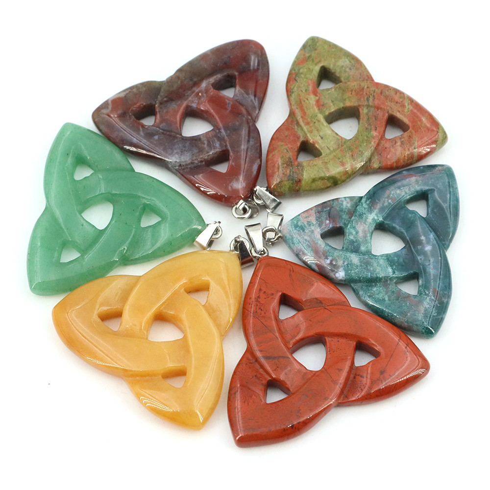 Natural Stone Irish Celtic Knot Pendant, Reiki Healing Crystal, Triangle Flower Amulet for DIY Jewelry Making Necklace