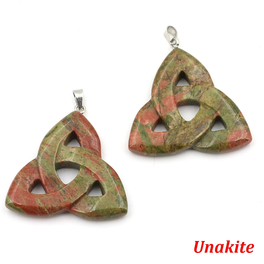 Natural Stone Irish Celtic Knot Pendant, Reiki Healing Crystal, Triangle Flower Amulet for DIY Jewelry Making Necklace
