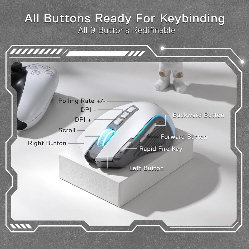 Redragon PRO RGB BT Wireless Gaming Mouse, 2.4G DPI, 9 Buttons, RGB Backlit, Optical Gamer Mouse