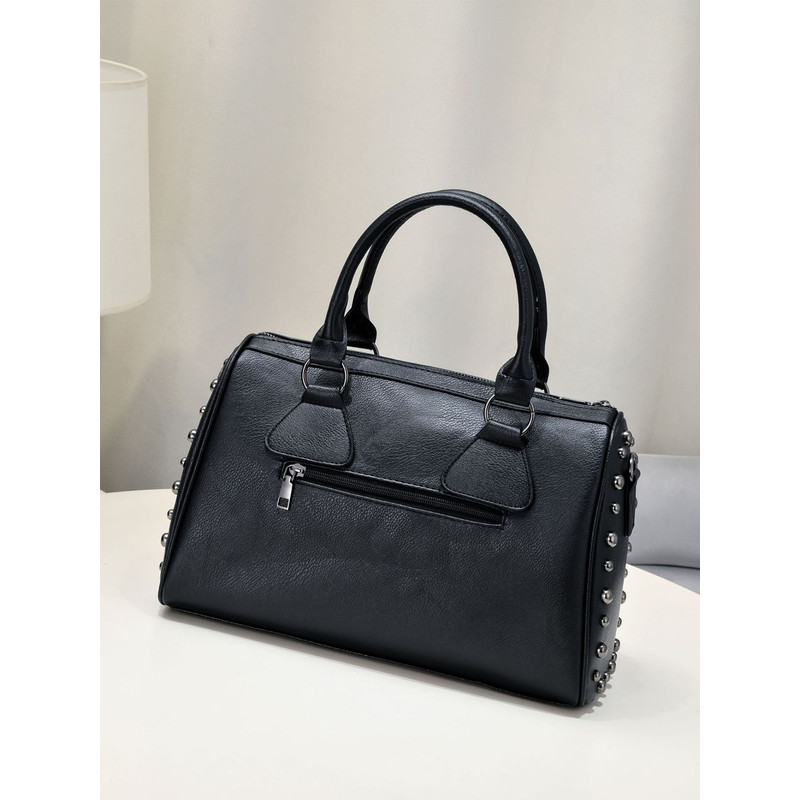 Boston Bag Dark Punk Style Handbag, Rivet Trend Shoulder Messenger Bag, Large Capacity Black Purse for Women