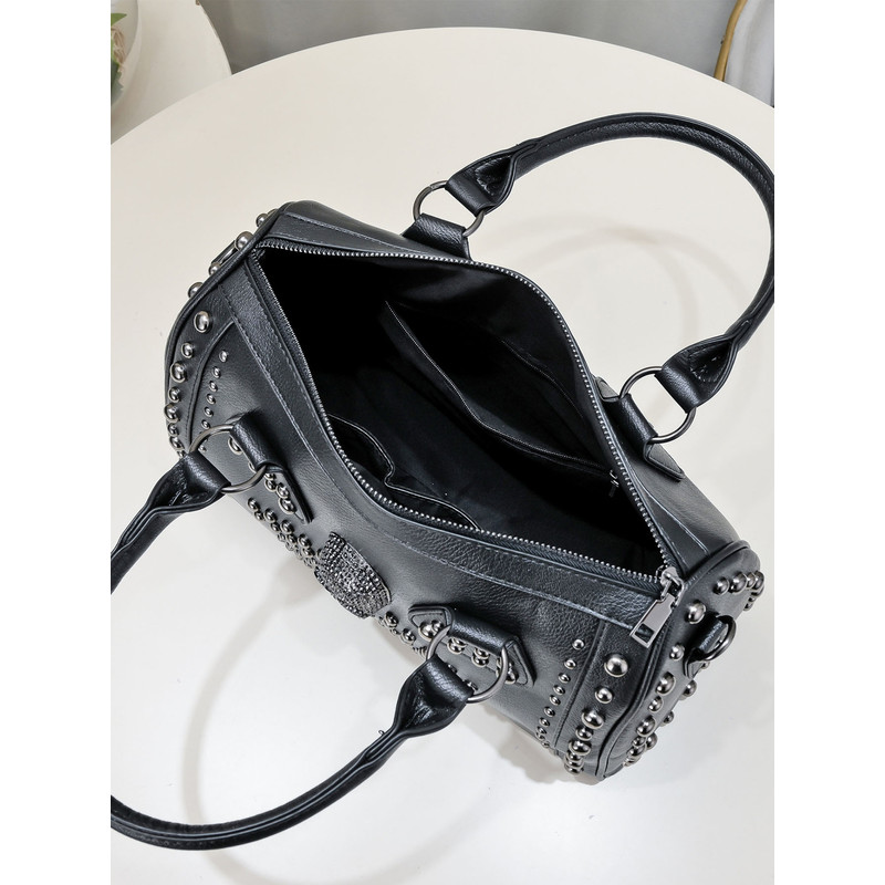 Boston Bag Dark Punk Style Handbag, Rivet Trend Shoulder Messenger Bag, Large Capacity Black Purse for Women