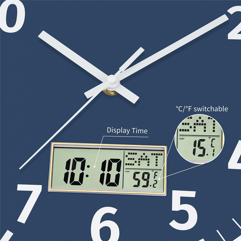 Silent Non Ticking Battery Operated Round Digital Wall Clock, Time Day of Week and Temperature Display, Easy to Read