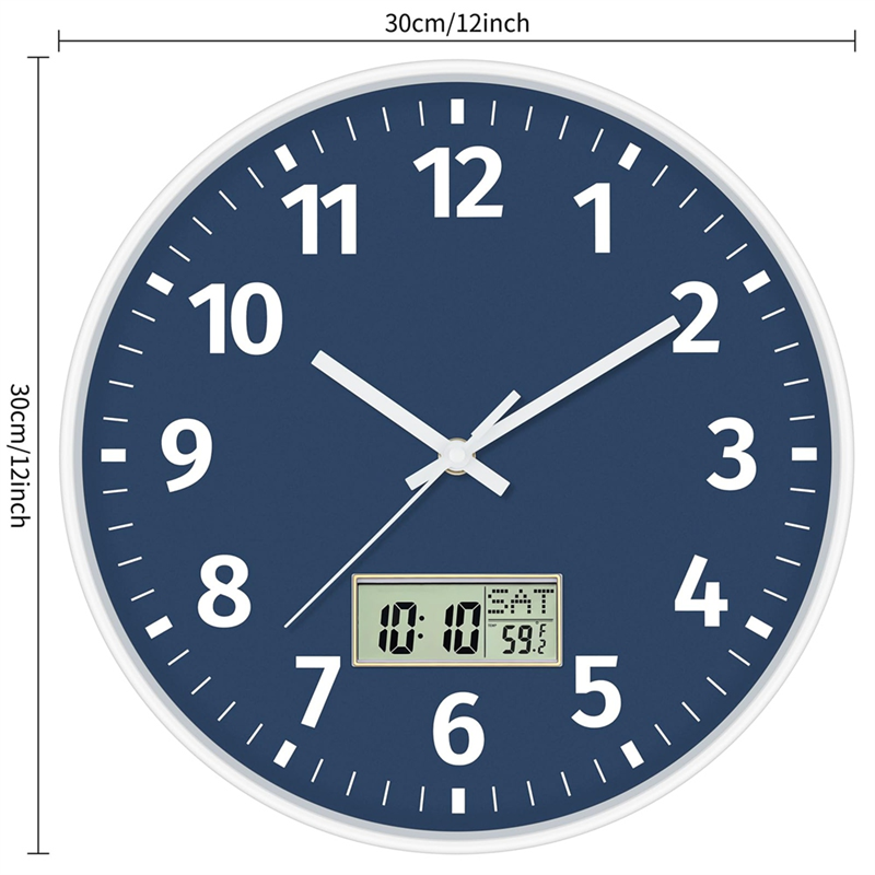 Silent Non Ticking Battery Operated Round Digital Wall Clock, Time Day of Week and Temperature Display, Easy to Read