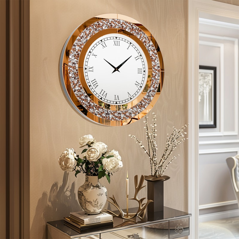 Crystal Sparkle Bling Diamond Wall Clock, Silver Tawny Tinted Round Mirror, Large Luxury Living Room Decorative Clock