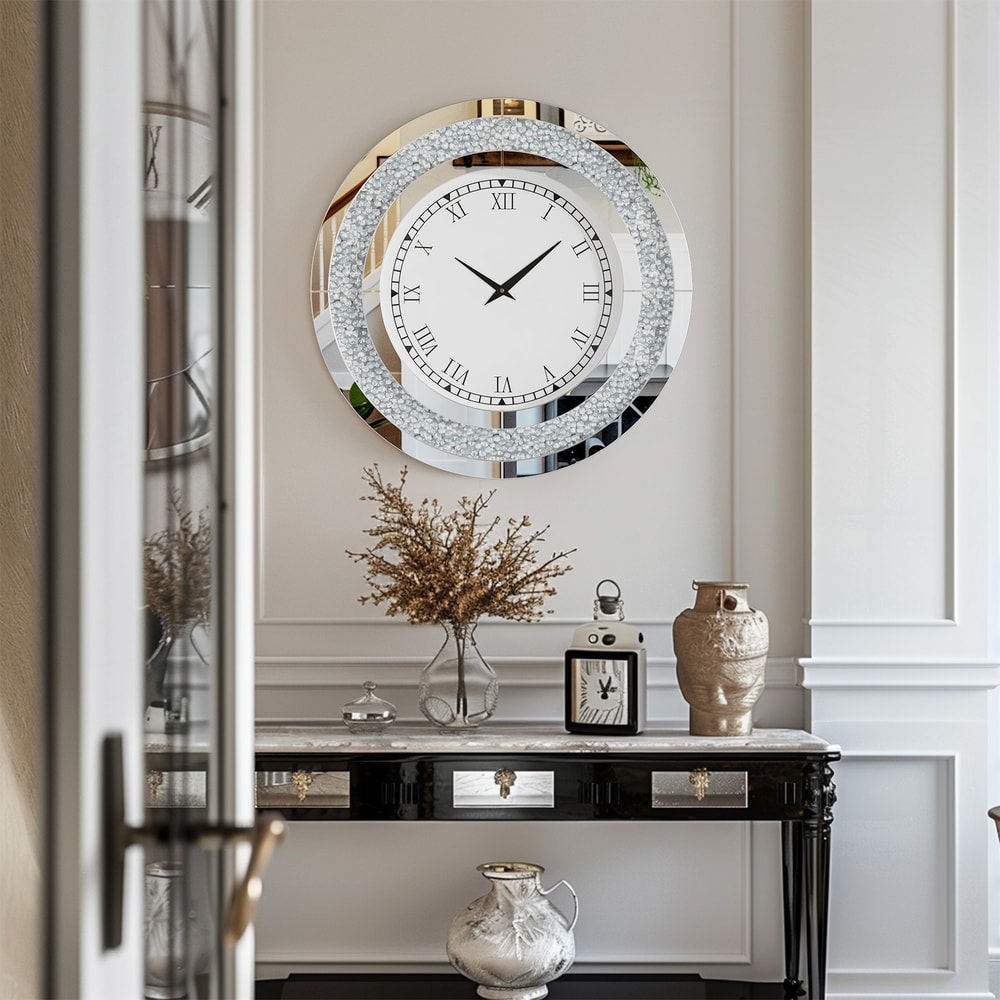 Crystal Sparkle Bling Diamond Wall Clock, Silver Tawny Tinted Round Mirror, Large Luxury Living Room Decorative Clock