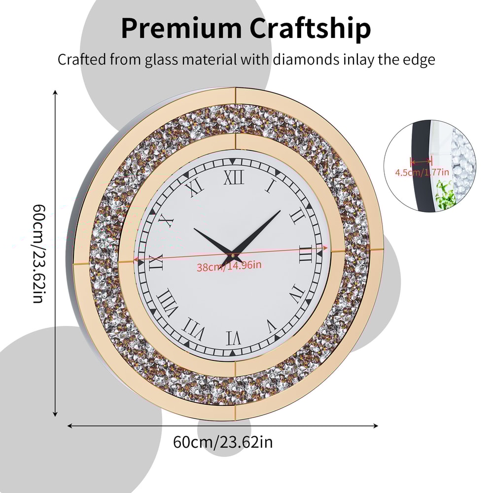 Crystal Sparkle Bling Diamond Wall Clock, Silver Tawny Tinted Round Mirror, Large Luxury Living Room Decorative Clock