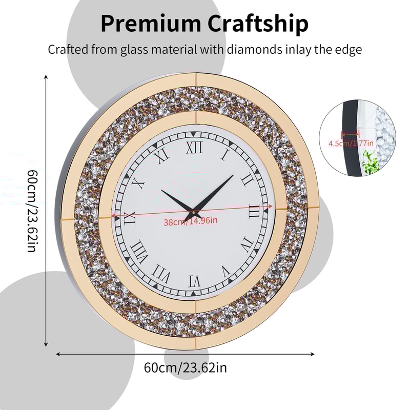 Crystal Sparkle Bling Diamond Wall Clock, Silver Tawny Tinted Round Mirror, Large Luxury Living Room Decorative Clock