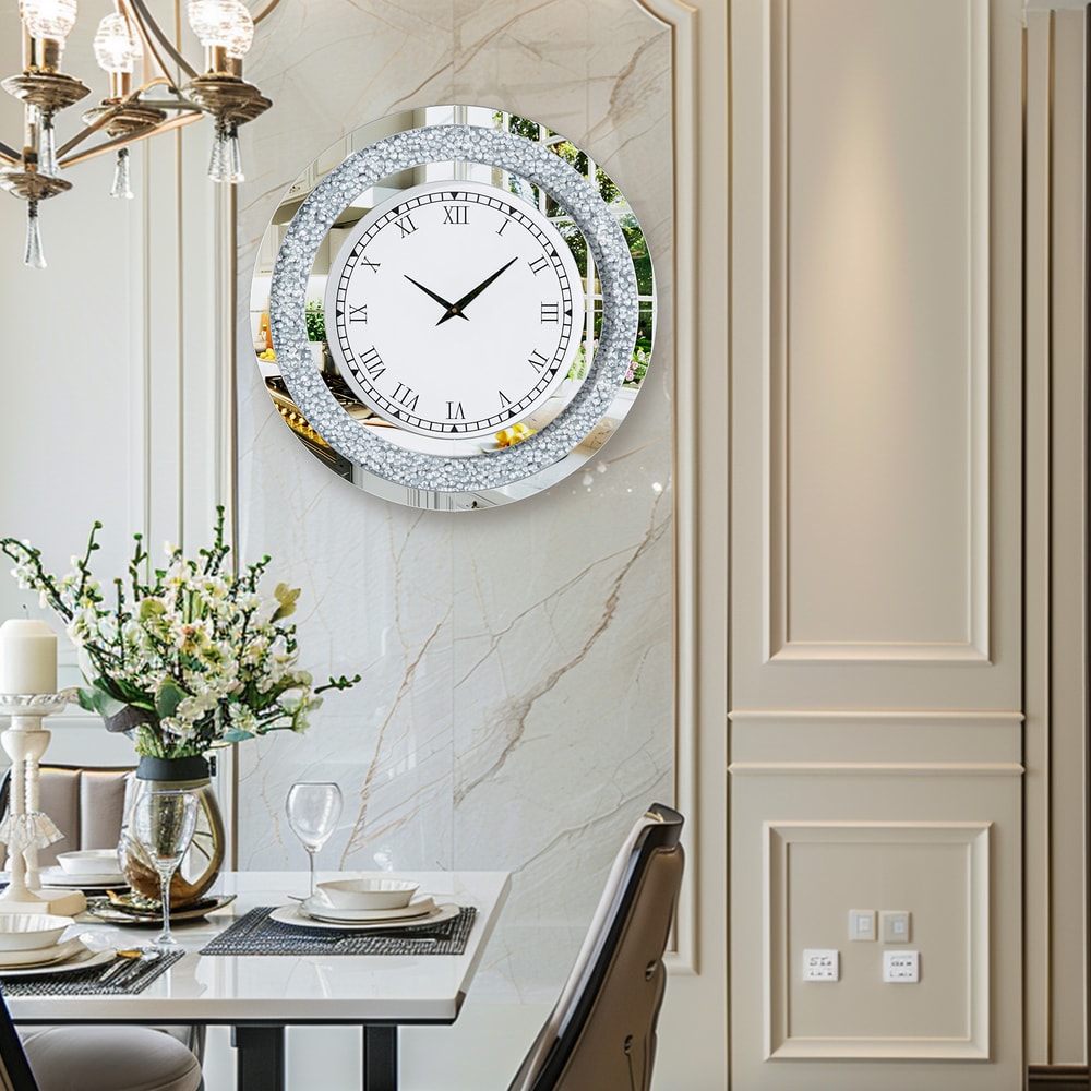 Crystal Sparkle Bling Diamond Wall Clock, Silver Tawny Tinted Round Mirror, Large Luxury Living Room Decorative Clock