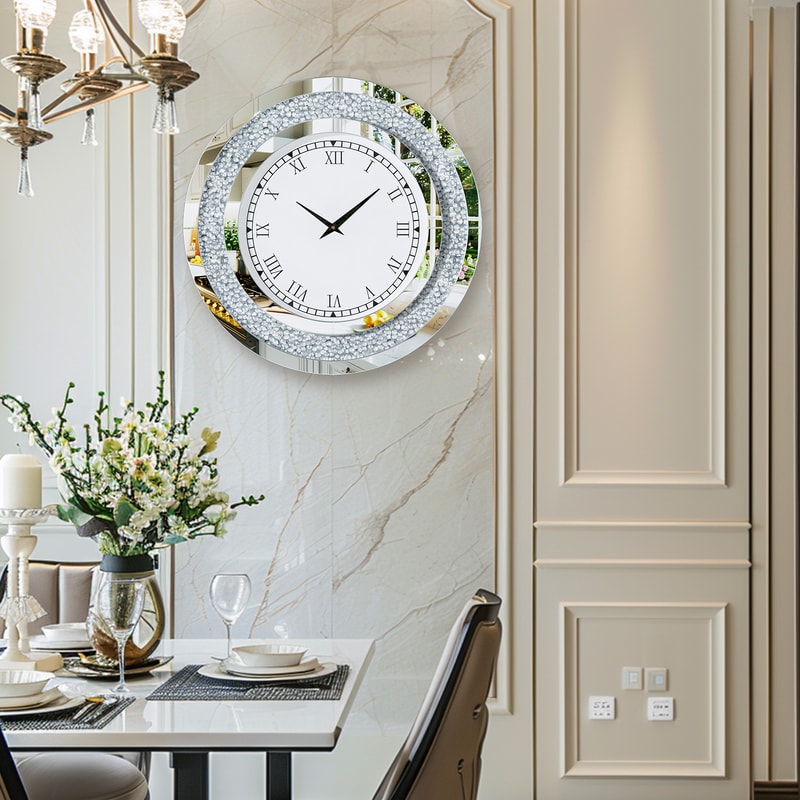 Crystal Sparkle Bling Diamond Wall Clock, Silver Tawny Tinted Round Mirror, Large Luxury Living Room Decorative Clock