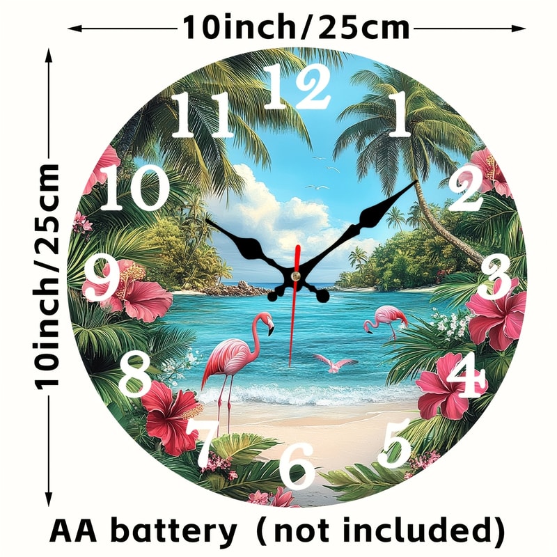 Silent Tropical Beach Flamingo Wall Clock, Battery Operated Round Digital Display Clock, Coastal Room Decor