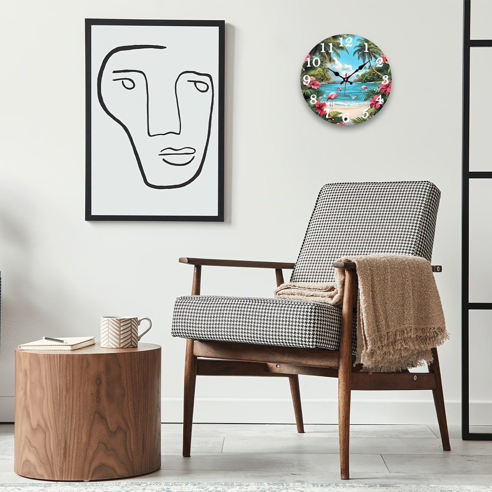 Silent Tropical Beach Flamingo Wall Clock, Battery Operated Round Digital Display Clock, Coastal Room Decor