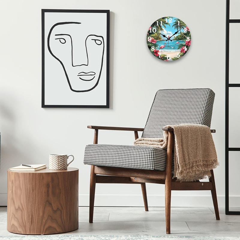 Silent Tropical Beach Flamingo Wall Clock, Battery Operated Round Digital Display Clock, Coastal Room Decor