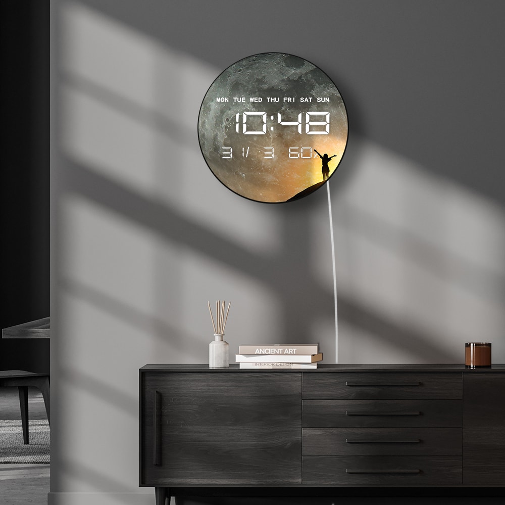 Large Display Moon Phase Digital Wall Clock, Milky Way Celestial Home Decor LED Numeric Clock for Desk and Wall Use