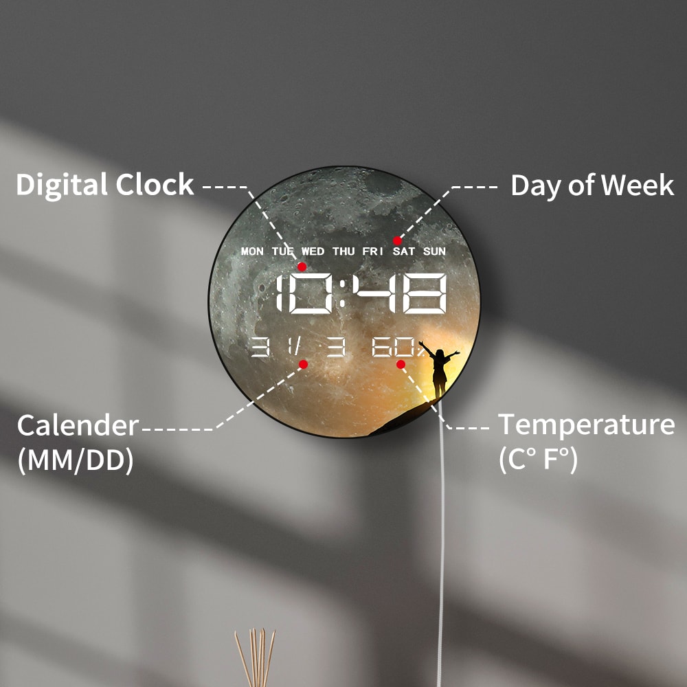 Large Display Moon Phase Digital Wall Clock, Milky Way Celestial Home Decor LED Numeric Clock for Desk and Wall Use