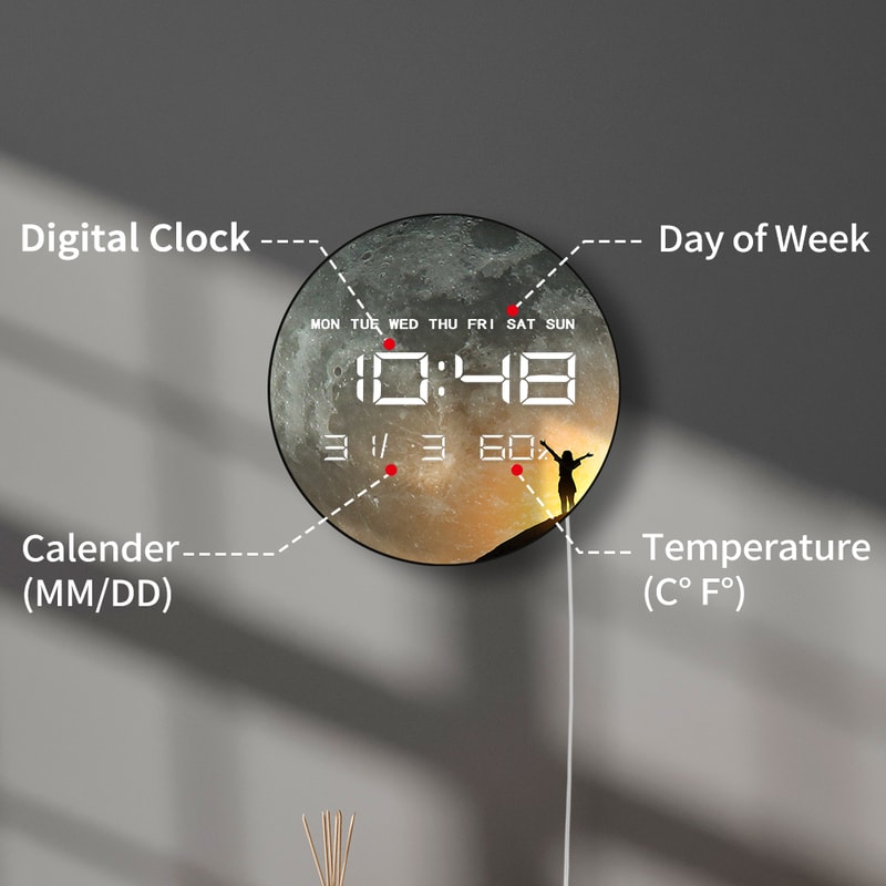 Large Display Moon Phase Digital Wall Clock, Milky Way Celestial Home Decor LED Numeric Clock for Desk and Wall Use