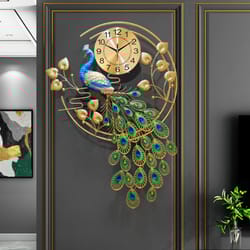 peacock shaped wall clock, creative metal wall clock, modern style silent wall watch clock for living room decor