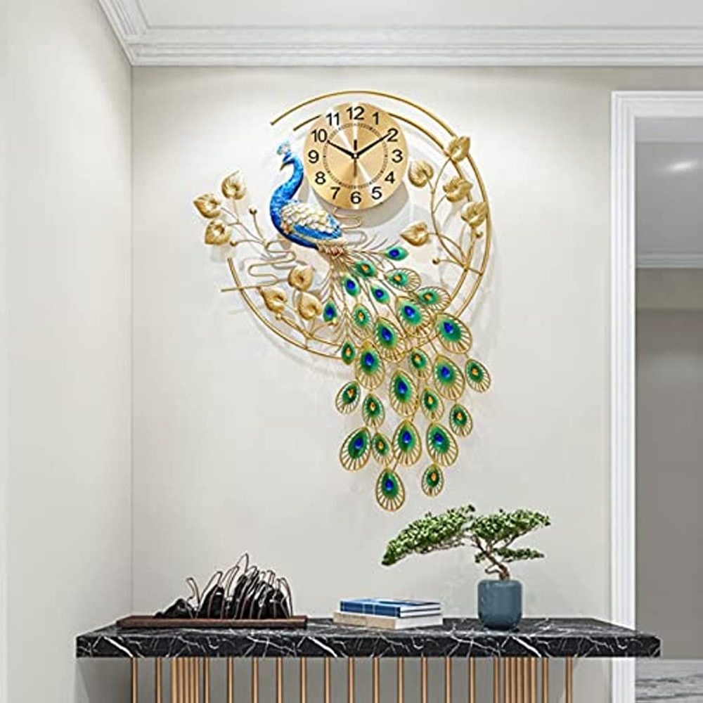 Peacock Shaped Wall Clock, Creative Metal Wall Clock, Modern Style Silent Wall Watch Clock for Living Room Decor