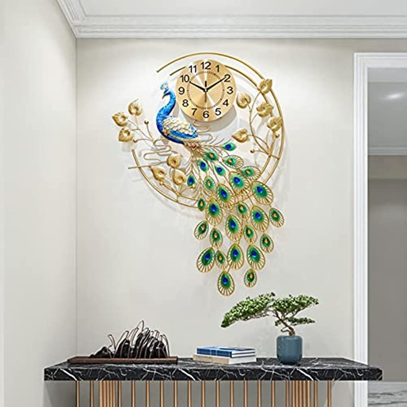 Peacock Shaped Wall Clock, Creative Metal Wall Clock, Modern Style Silent Wall Watch Clock for Living Room Decor