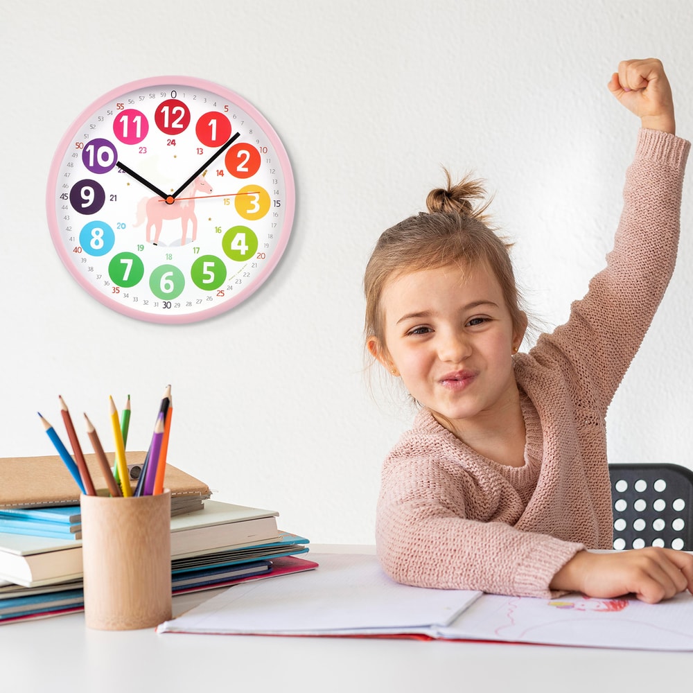 Colorful Kids Learning Clock Silent Wall Decor for Nursery, Playroom, Bedroom, Analog Teaching Aid for Time Skills