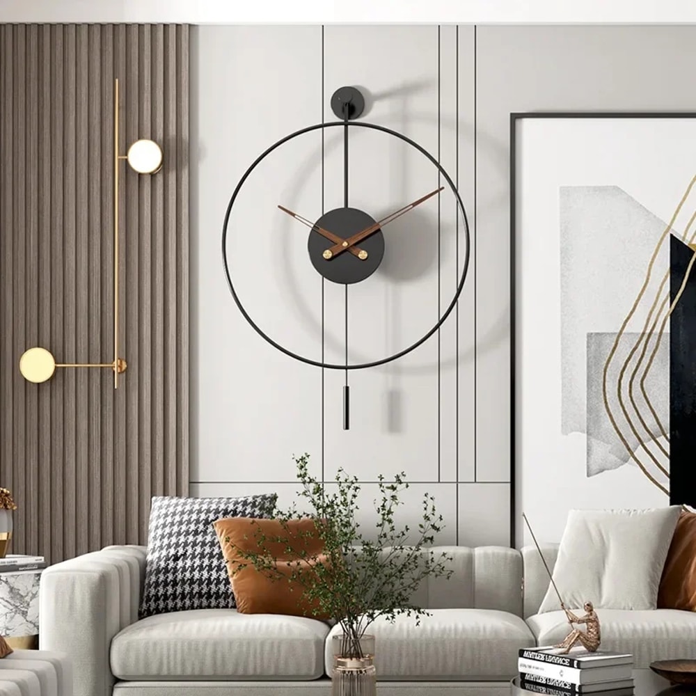 Silent Modern Minimalist Wall Clock with Swing Pendulum, Metal Decorative Art Clock for Bedroom, Office, Living Room