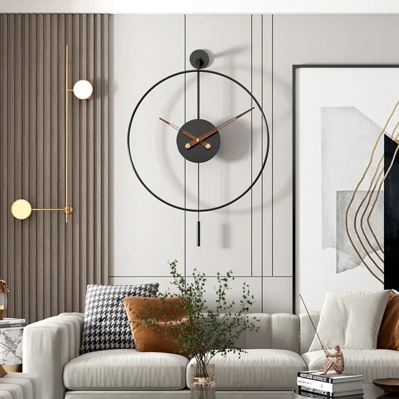 Silent Modern Minimalist Wall Clock with Swing Pendulum, Metal Decorative Art Clock for Bedroom, Office, Living Room