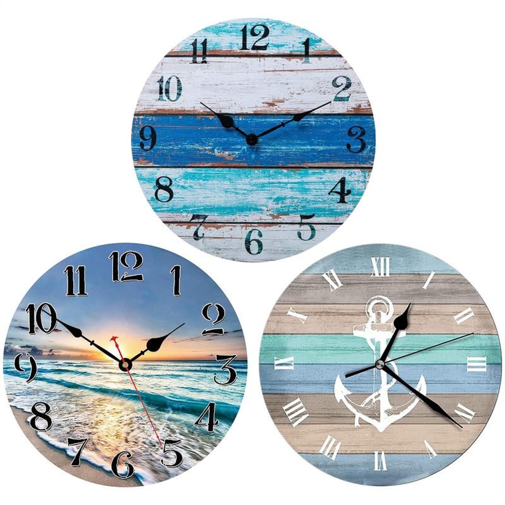 Vintage Rustic Beach Blue Wall Clock Non Ticking Coastal Decor for Girl Boy Bedroom, Bathroom, Kitchen, Office