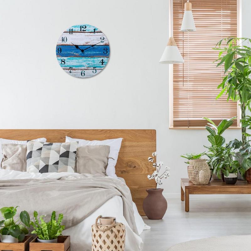 Vintage Rustic Beach Blue Wall Clock Non Ticking Coastal Decor for Girl Boy Bedroom, Bathroom, Kitchen, Office