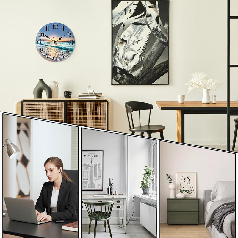 Vintage Rustic Beach Blue Wall Clock Non Ticking Coastal Decor for Girl Boy Bedroom, Bathroom, Kitchen, Office