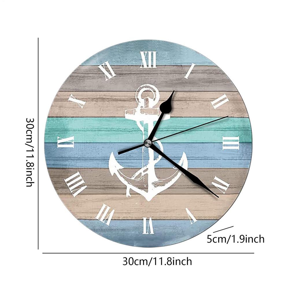 Vintage Rustic Beach Blue Wall Clock Non Ticking Coastal Decor for Girl Boy Bedroom, Bathroom, Kitchen, Office
