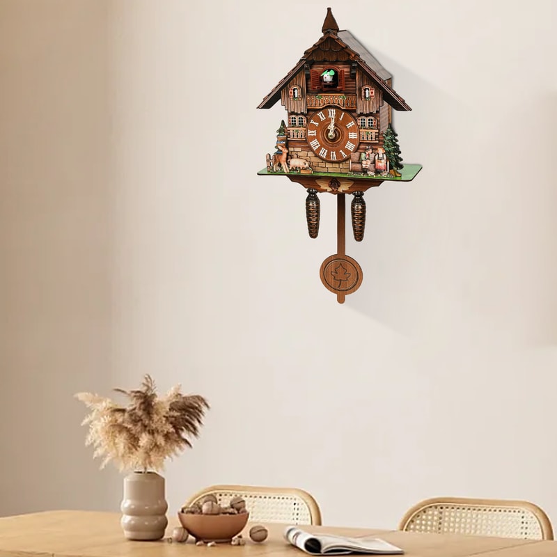 Retro Wooden Cuckoo Wall Clock with Pendulum, Vintage Hanging Clock for Bedroom, Office, Living Room Wall Decoration