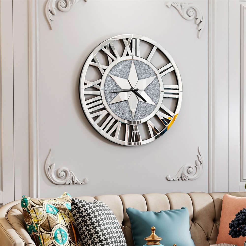Large Mirrored Wall Clock, Round Roman Skeleton Design, Beveled Elegant Living Room Fireplace Home Decor