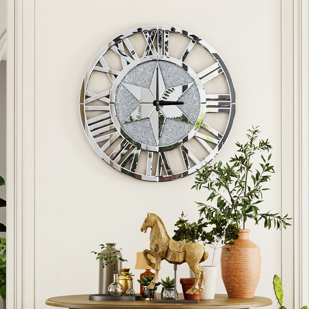 Large Mirrored Wall Clock, Round Roman Skeleton Design, Beveled Elegant Living Room Fireplace Home Decor