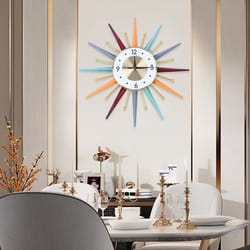 silent modern colorful starburst wall clock, metal timepiece for bedroom decor, living room accent clock wall art