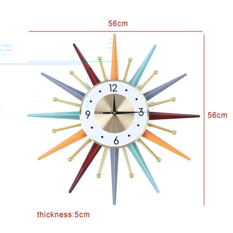 Silent Modern Colorful Starburst Wall Clock, Metal Timepiece for Bedroom Decor, Living Room Accent Clock Wall Art