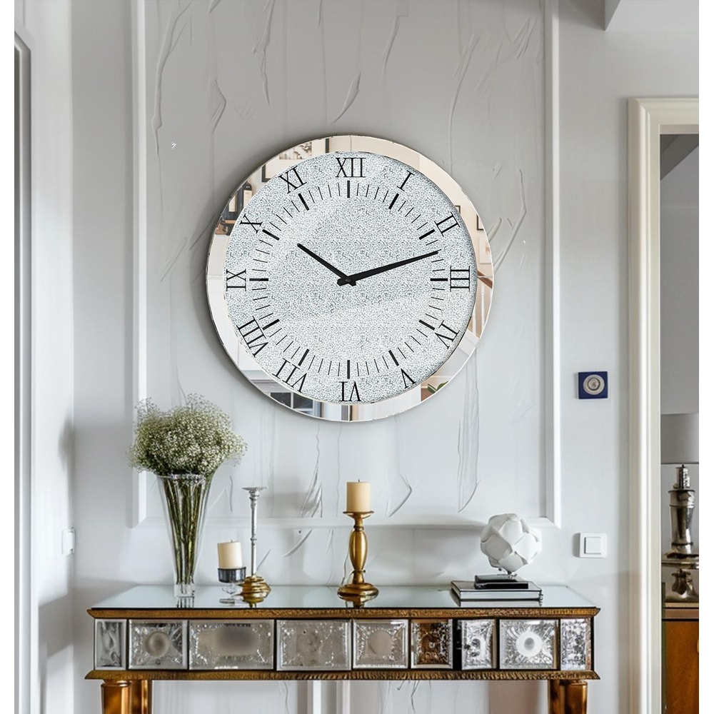 Silver Crystal Crush Diamond Wall Clock, Mirrored Quartz Clock with Beveled Glass, Luxury Home Decor Round Design