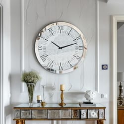 silver crystal crush diamond wall clock, mirrored quartz clock with beveled glass, luxury home decor round design