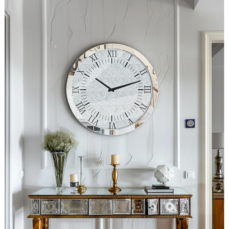 Silver Crystal Crush Diamond Wall Clock, Mirrored Quartz Clock with Beveled Glass, Luxury Home Decor Round Design