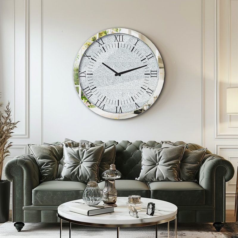 Silver Crystal Crush Diamond Wall Clock, Mirrored Quartz Clock with Beveled Glass, Luxury Home Decor Round Design