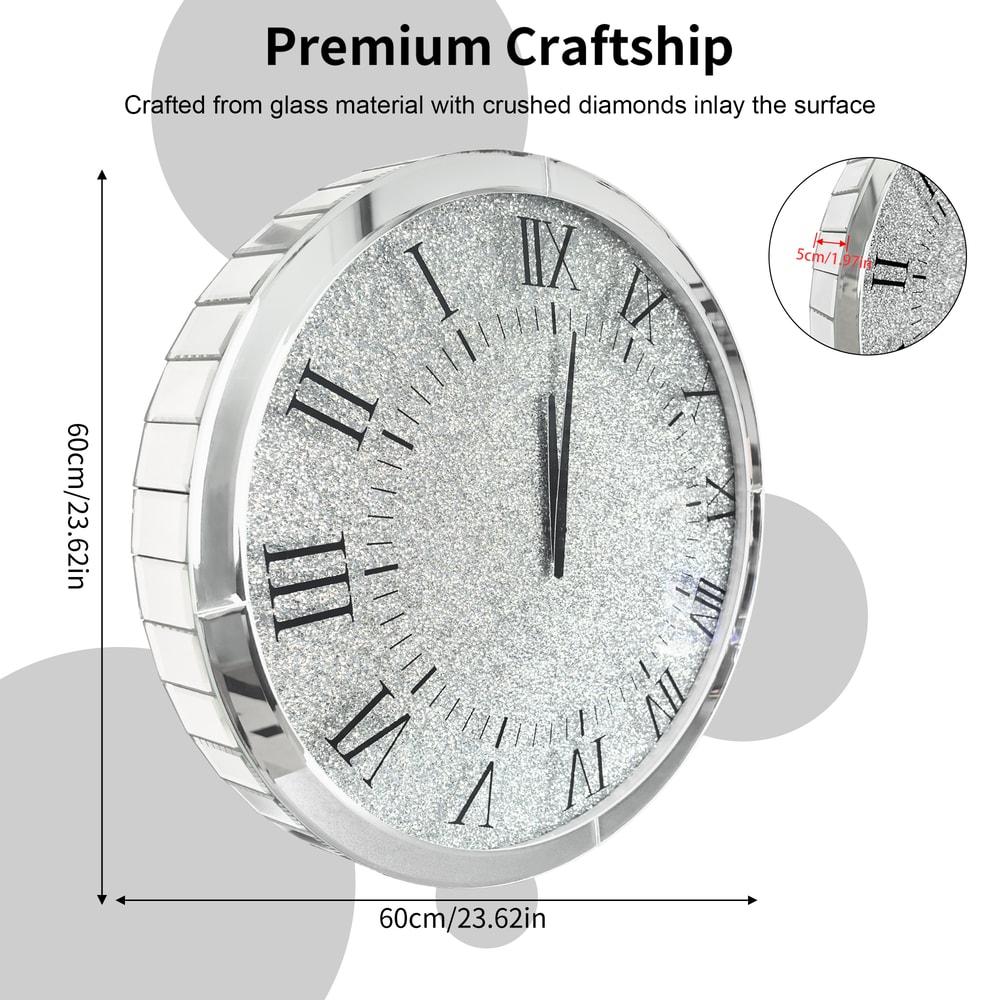 Silver Crystal Crush Diamond Wall Clock, Mirrored Quartz Clock with Beveled Glass, Luxury Home Decor Round Design