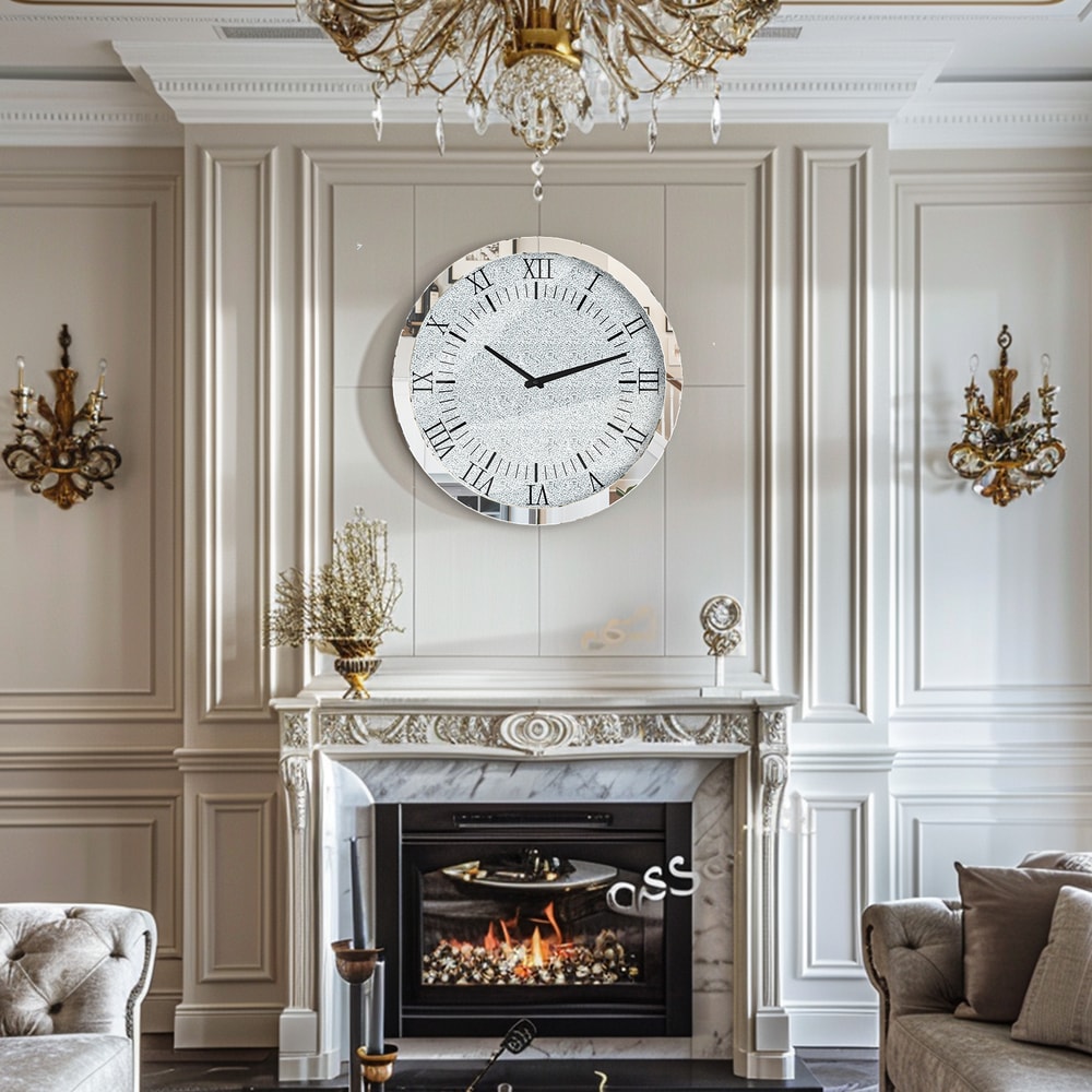 Silver Crystal Crush Diamond Wall Clock, Mirrored Quartz Clock with Beveled Glass, Luxury Home Decor Round Design