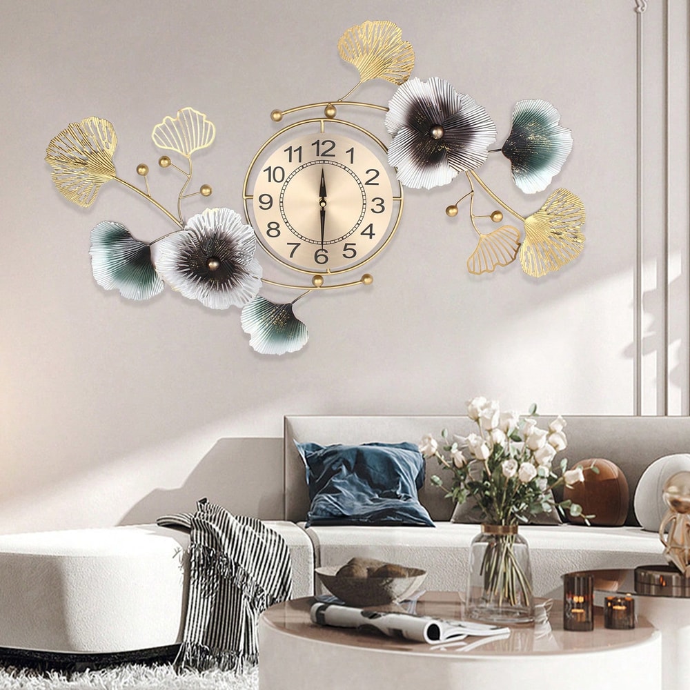 Luxury Ginkgo Leaf Wall Clock 90x45cm, Silent Modern Wall Clock for Office, Living Room, Elegant Light Luxury Decor