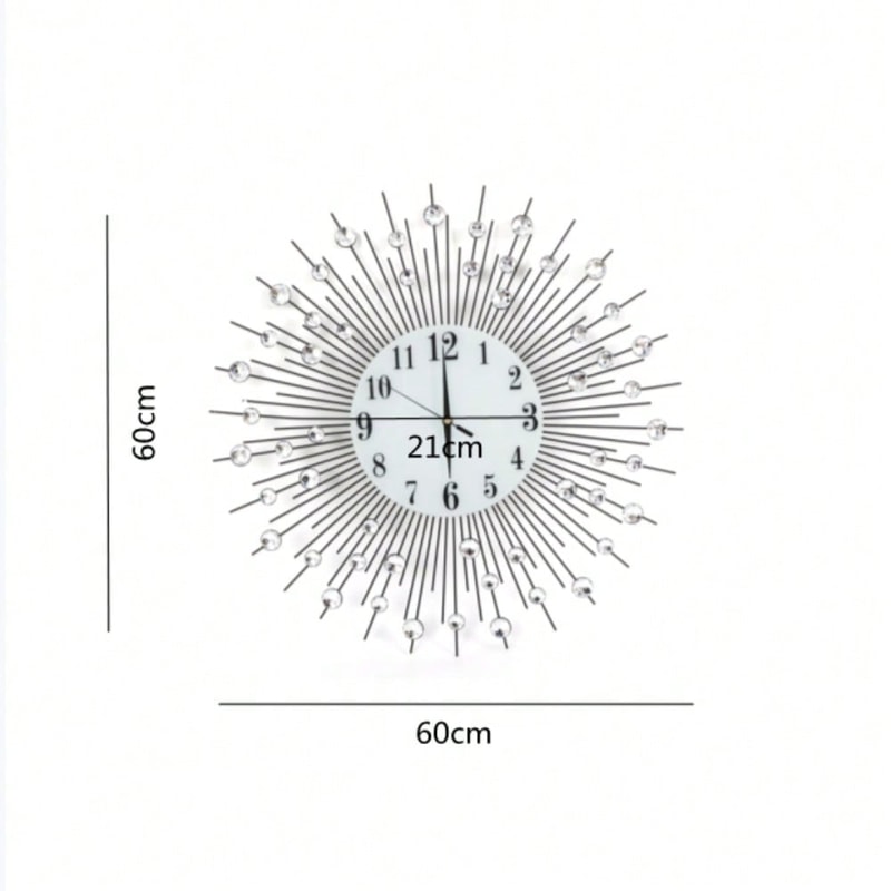 Large Sun Design Crystal Wall Clock, Crushed Diamond Modern Home Decor, Elegant Silent Quartz Clock