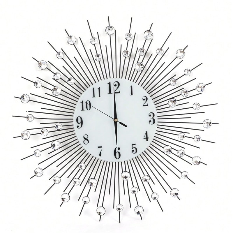 Large Sun Design Crystal Wall Clock, Crushed Diamond Modern Home Decor, Elegant Silent Quartz Clock
