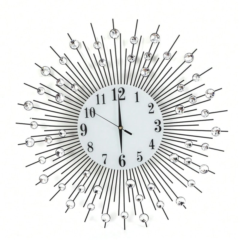 Large Sun Design Crystal Wall Clock, Crushed Diamond Modern Home Decor, Elegant Silent Quartz Clock